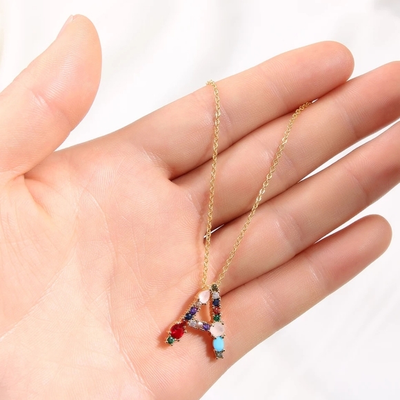 Boho Stone A-Z Initial Pendant Gold Pave Necklace - Picture 7 of 8